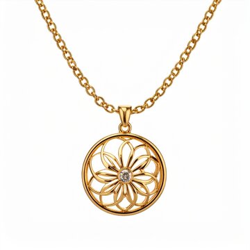 Elegant Gold Pendant Necklace with Intricate Floral Design on White