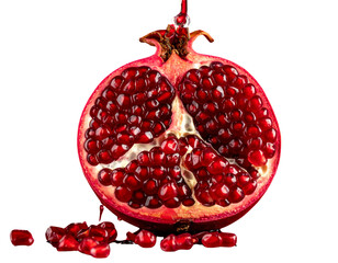  Juicy Red Pomegranate Half with Flying Seeds – Transparent Background PNG