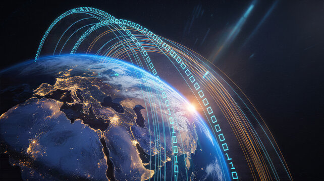Digital data streams orbiting planet earth in space satellite