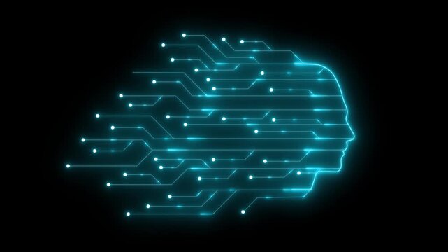 Blue digital brain circuit with glowing nodes and lines on dark background representing AI abstract