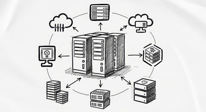 Digital network diagram showing data servers cloud storage computers and network infrastructure connections for it systems and technology concepts