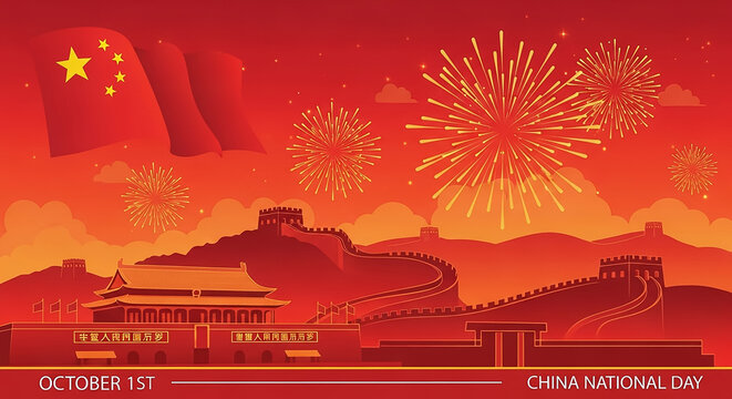 China national day celebrating with fireworks, flag, and monuments