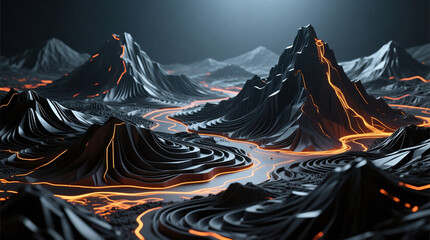 Mysterious 3D Topographic Landscape of Carbon with Volumetric Lighting Parametric Art and Glowing Rivers