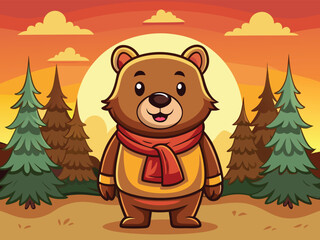 Cartoon Bear With Red Scarf Stands In A Forest At Sunset Against Orange Sky