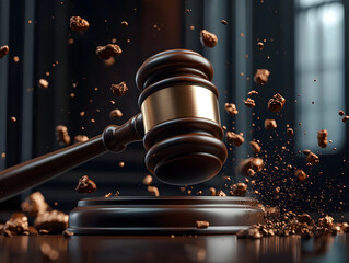 Dramatic gavel smashing in court, powerful symbol of law, justice, judgment, decision and final authority
