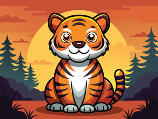 Cartoon Tiger Sits Peacefully Against An Orange Sunset And Pine Tree Backdrop