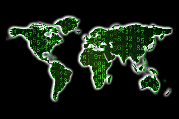 world map in the form of matrix numbers on a black background