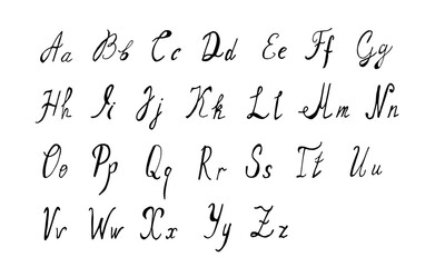 Alphabet is handwritten in black pen scrawl on white background. Doodle style English letters are uppercase and small in primitive style.
