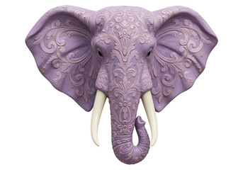 Obraz premium Ornate lavender elephant head sculpture with intricate floral carvings.