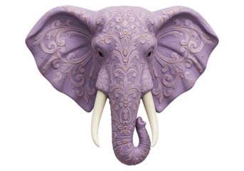 Ornate lavender elephant head sculpture with intricate floral carvings.