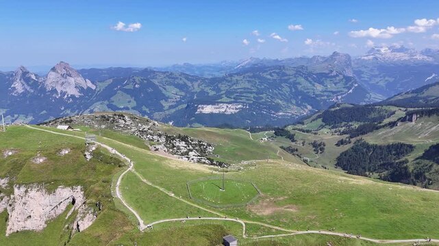 Panoramic view from Fronalpstock mountain in Switzerland with Swiss Alps and lakes