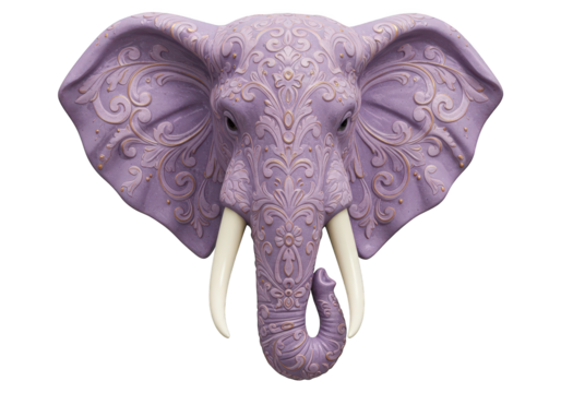Ornate lavender elephant head sculpture with intricate floral carvings.