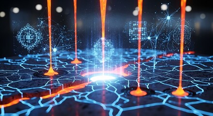 Intricate digital network overlaying a cracked surface with glowing orange-red material flowing from vents, showcasing a complex technological concept.