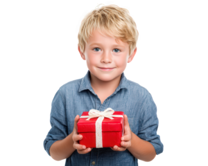 Happy young boy child holding red gift box with smile. Cute little kid with blonde hair and blue eyes looking at camera on an isolated background