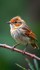 Fototapeta premium A small, active bird with spiny feather tufts around its face, perched on a branch, bushland, eye, branch
