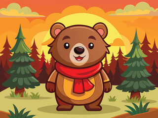 Cartoon Brown Bear With Red Scarf Amidst A Stylized Autumnal Forest Scene