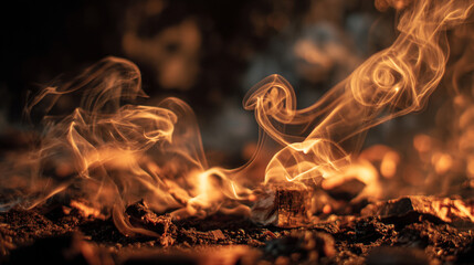 Close up view of orange flames and smoke rising from burning material on a dark background