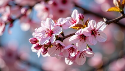 Obraz premium Delicate cherry blossom branch with soft pink petals gently falling in the breeze, flora, ephemeral