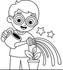 Happy boy with glasses watering a small potted plant with a watering can