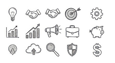 Hand-drawn business icons collection featuring success growth finance technology and communication symbols for presentations and design projects