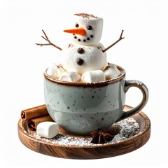Marshmallow Snowman Relaxing in a Mug of Hot Chocolate on a Wooden Plate