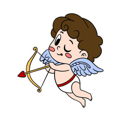 Charming hand-drawn Valentine&rsquo;s Day poster with cute Cupid with wings and a bow and arrow