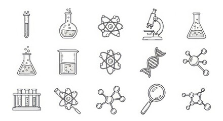 Drawn science icons for education and research featuring chemistry lab equipment and molecular structures for digital projects