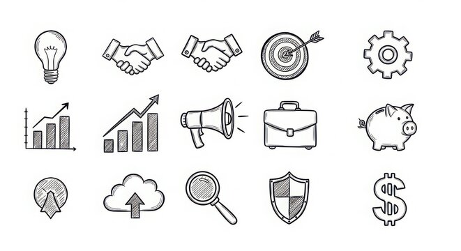 Hand-drawn business icons collection featuring success growth finance technology and communication symbols for presentations and design projects