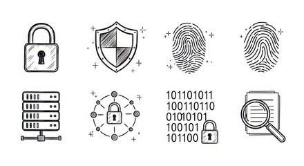 Digital security icons padlock shield fingerprints server network lock binary code and magnifying glass for data protection and cyber safety concepts