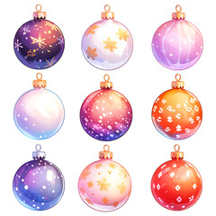 Collection of nine festive christmas ornaments isolated on transparent background
