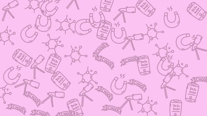 Random pink background of science themed doodle illustrations suitable for educational, scientific, or creative design projects with a playful aesthetic.