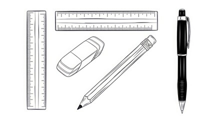 Hand-drawn school supplies including rulers eraser mechanical pencil and pen perfect for educational design and creative projects