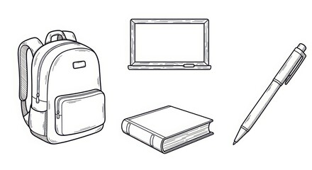 Essential school supplies hand-drawn sketch featuring backpack laptop book and pen for educational concepts