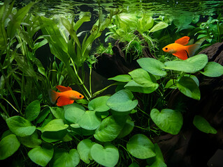 Calm orange fish pair swimming in beautiful aquarium. This green plant aquascape creates peaceful underwater scene