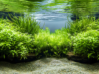 Serene aquascape tank with green aquatic plant creates peaceful underwater forest floor, beautiful natural hobby