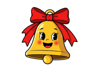 Cute cartoon golden bell with red bow happy face holiday decoration. Cartoon christmas bell with a red bow isolated on transparent background and a cute, cheerful expression