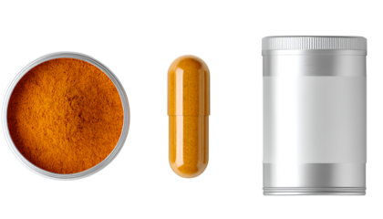 an orange turmeric powder capsule next to an empty white label can