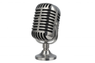 Retro style silver microphone for recording audio, voice, or music, perfect for broadcast studios. Transparent background