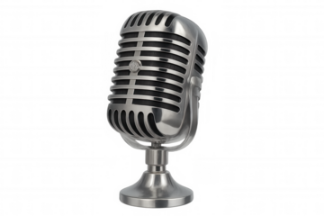Retro style silver microphone for recording audio, voice, or music, perfect for broadcast studios. Transparent background