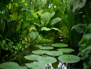 Serene aquascape aquarium shows lush green plant and leaf. fresh underwater nature scene creates tranquil flora background