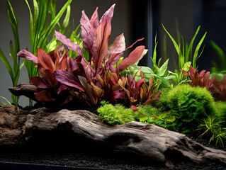 Serene underwater aquascape features beautiful red plant, green flora, and natural driftwood in freshwater aquarium design