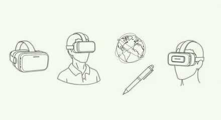 Immersive technology and futuristic devices sketch collection exploring virtual reality headsets and interactive stylus concepts