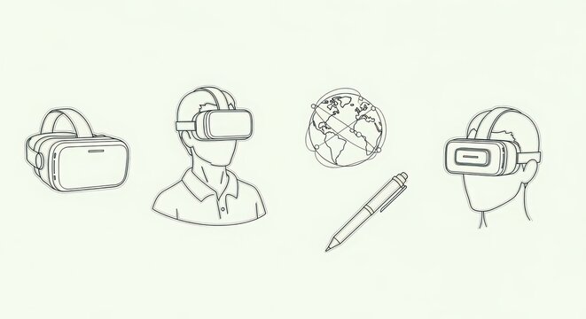 Immersive technology and futuristic devices sketch collection exploring virtual reality headsets and interactive stylus concepts