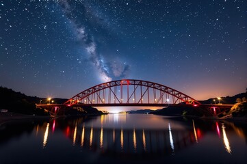 Obraz premium A crimson bridge arches gracefully over dark water under a starlit night sky, its reflection shimmering below, arch, dark water, nocturnal