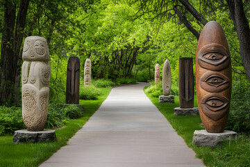 Tranquil outdoor art gallery with sculpture along scenic pathway in lush green park creating peaceful mood