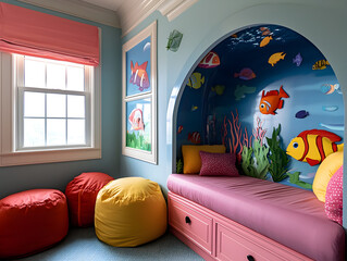 Playful child bedroom with custom underwater theme mural design. This cozy interior furniture for kid has colorful fun decor