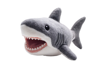 Fototapeta premium Closeup of a cute plush shark toy with an open mouth isolated on transparent background, showcasing its soft texture and playful design