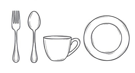 Simple line drawing of a complete place setting with fork spoon cup and plate essential kitchenware and dining utensils for every meal