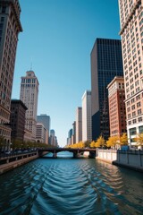 Naklejka premium Chicago river flows past iconic skyscrapers under a clear sky, glass, USA