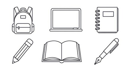 Collection of hand-drawn school supplies icons including a backpack laptop notebook pencil open book and pen ideal for educational content creation